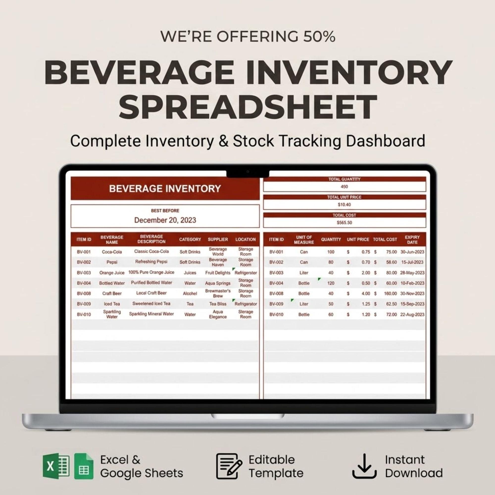 Beverage Inventory Spreadsheet | Drink Stock Tracker | Bar Management ...