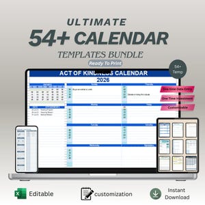 Op de afbeelding: Een laptop, telefoon en tablet tonen een kalendersjabloonbundel. Het scherm toont een kalender voor 2026 met de tekst "ACT OF KINDNESS CALENDAR". Extra tekst is "ULTIMATE 54+ CALENDAR TEMPLATES BUNDLE" en "Ready To Print."