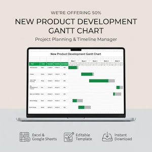 Könnte beinhalten: Ein Laptop zeigt ein Gantt-Diagramm für die Entwicklung neuer Produkte. Der Bildschirm zeigt eine Tabelle mit Aufgaben, Daten und Prozentsätzen. Der Text lautet "WE'RE OFFERING 50%" und "NEW PRODUCT DEVELOPMENT GANTT CHART". Symbole für Excel und Sofort-Download sind unten.