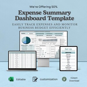 May include: An Expense Summary Dashboard Template displayed on a computer monitor, a laptop, and a tablet. The screens show data tables, pie charts, and line graphs for tracking business budgets. Text includes "Expense Summary Dashboard" and "Set Up".