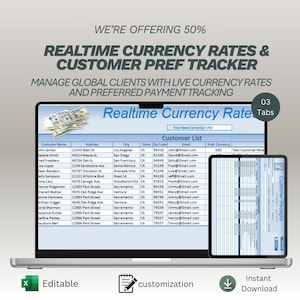 Op de afbeelding: Een laptop en tablet tonen een spreadsheet met de titel "Realtime Currency Rates" met een klantenlijst en valutatrackingfuncties. De afbeelding bevat de tekst "WE'RE OFFERING 50%" en pictogrammen voor "Bewerkbaar" en "Direct downloaden".