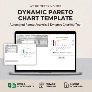 May include: A laptop displaying a "Dynamic Pareto Chart Template" with data visualizations. The screen shows charts and tables for automated Pareto analysis. The image includes the text "Excel & Google Sheets", "Editable Template", and "Instant Download".
