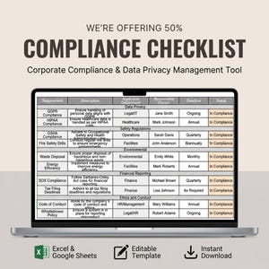 May include: A laptop screen displays a compliance checklist with sections for requirements, descriptions, and deadlines. The text "COMPLIANCE CHECKLIST" is prominently displayed. The image also includes icons for Excel & Google Sheets, an editable template, and instant download.