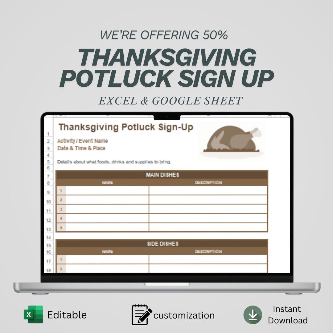 Thanksgiving Potluck Sign up Sheet Template Holiday Party Food
