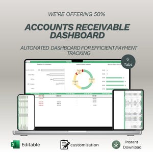 May include: A laptop showing an accounts receivable dashboard with the text "WE'RE OFFERING 50% ACCOUNTS RECEIVABLE DASHBOARD". The dashboard includes charts and tables for efficient payment tracking. Icons indicate editability, customisation, and instant download.