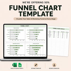 May include: A digital funnel chart template displayed on a laptop screen and a separate document. The text reads WE'RE OFFERING 50% FUNNEL CHART TEMPLATE, Visualize Your Sales & Marketing Funnel at Every Stage, FUNNEL CHART, and FUNNEL CHART DETAILS.