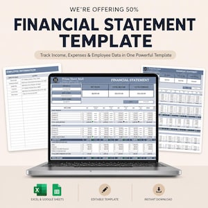 Financial Statement Template | Excel Financial Dashboard | Profit & Loss Cash Flow Balance Sheet | Google Sheets Accounting Spreadsheet