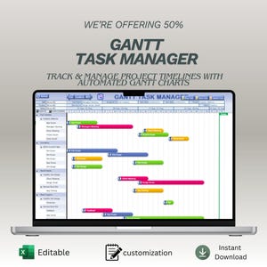 May include: A laptop displays a Gantt chart with colorful bars representing project tasks. The screen shows the text "GANTT TASK MANAGER" and "TRACK & MANAGE PROJECT TIMELINES WITH AUTOMATED GANTT CHARTS". Icons for "Editable", "customization", and "Instant Download" are at the bottom.
