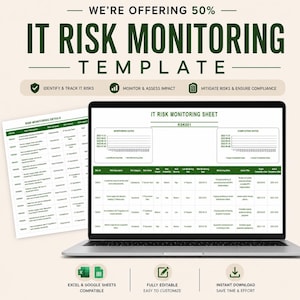 Könnte beinhalten: Eine digitale IT-Risikoüberwachungsvorlage auf einem Laptop-Bildschirm und einem gedruckten Dokument. Die Benutzeroberfläche zeigt eine Tabelle mit dem Titel IT RISK MONITORING SHEET mit Spalten für Risiko-ID, Beschreibung, Kategorie und Auswirkungen.