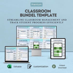 Könnte beinhalten: Eine digitale Klassenzimmer-Bundle-Vorlage auf einem Computermonitor, einem Laptop und einem Tablet. Die Bildschirme zeigen verschiedene organisatorische Dokumente wie Sitzpläne, Checklisten, Klassenlisten und Stundenpläne in Grün und Weiß.