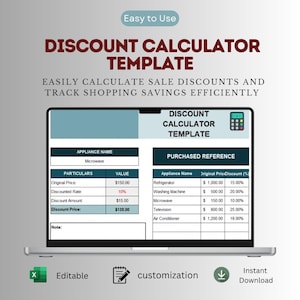 Modello Excel per il calcolo degli sconti / Foglio di calcolo per la riduzione dei prezzi e il risparmio / Strumento di monitoraggio degli acquisti / Strumento per lo shopping su Google Sheets