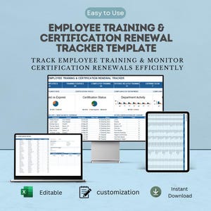 Op de afbeelding: Een sjabloon voor het bijhouden van trainingen en certificeringsverlengingen van werknemers, weergegeven op een computermonitor, een laptop en een tablet. De digitale interface bevat grafieken, tabellen en gegevenskolommen voor monitoring.