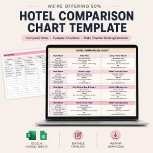 May include: A digital hotel comparison chart template displayed on a laptop screen and a separate document. The chart features columns for hotel names, locations, room types, rates, amenities, ratings, and websites, organized in a grid format.