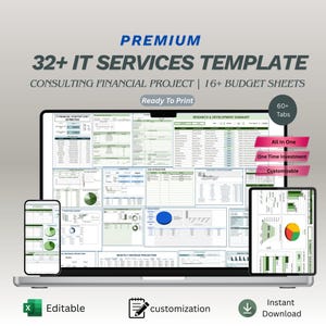 Può includere: Un laptop, uno smartphone e un tablet mostrano un modello finanziario con grafici e dati. L'immagine include il testo "PREMIUM 32+ IT SERVICES TEMPLATE" e "CONSULTING FINANCIAL PROJECT | 16+ BUDGET SHEETS". Le icone indicano modificabilità, personalizzazione e download immediato.