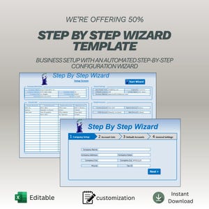 Może przedstawiać: Cyfrowy szablon zatytułowany "Step By Step Wizard" do konfiguracji biznesu, oferujący zautomatyzowany kreator konfiguracji krok po kroku. Obraz zawiera edytowalne formularze, opcje dostosowywania i natychmiastowe pobieranie. Tekst brzmi "We're offering 50%."