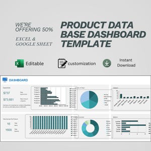 May include: A digital product data base dashboard template with the text "PRODUCT DATA BASE DASHBOARD TEMPLATE". The template includes charts, graphs, and data visualizations. The text "WE'RE OFFERING 50%" is also visible. The template is editable and customizable.