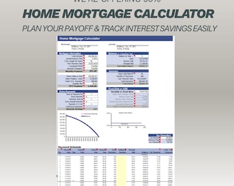 Spreadsheet hypotheekcalculator voor thuis | Aflossingsschema lening Aflossingstracker | Rentebetalingsplanner | Excel-sjabloon