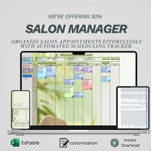 Puede incluir: Interfaz digital de gestión de salón mostrada en un portátil, una tableta y un smartphone. La pantalla muestra un programa de citas codificado por colores. El texto incluye "SALON MANAGER" y "ORGANIZE SALON APPOINTMENTS EFFORTLESSLY WITH AUTOMATED SCHEDULING TRACKER."