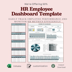 May include: An HR Employee Dashboard template featuring data visualization tools, including pie charts, bar graphs, and line charts. The layout includes sections for attendance, leave, performance, satisfaction, and training tracking in a digital format.