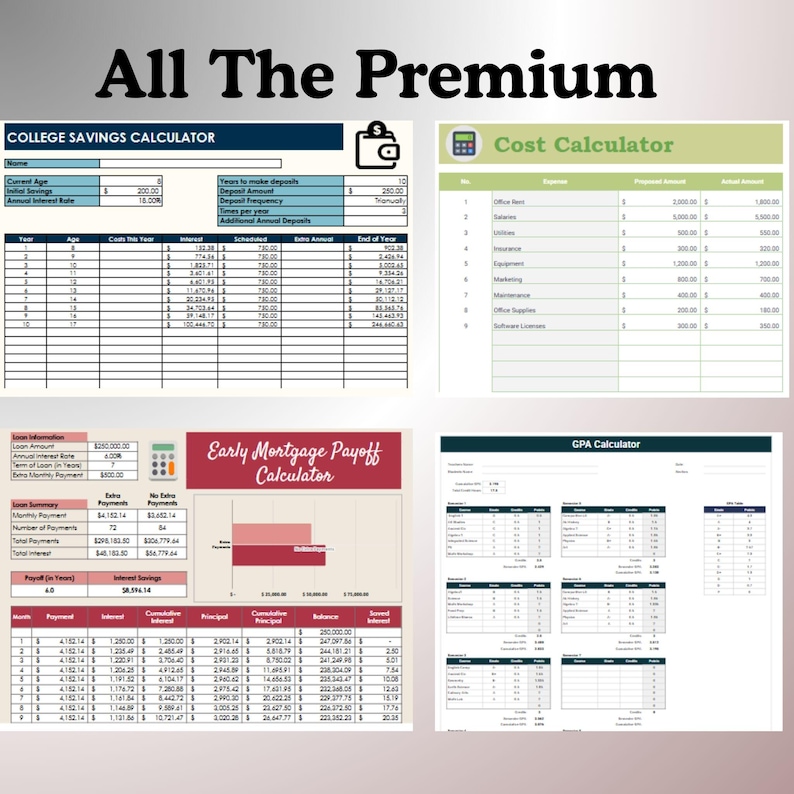Puede incluir: Una colecci&oacute;n de hojas de c&aacute;lculo digitales titulada All The Premium que incluye cuatro herramientas financieras distintas: calculadora de ahorros universitarios, calculadora de costes, calculadora de hipotecas y calculadora de promedio acad&eacute;mico.