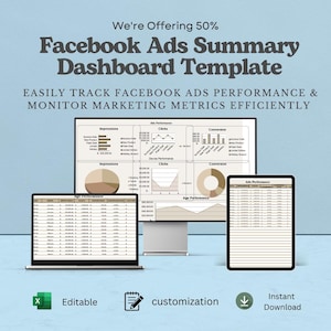 May include: A Facebook Ads Summary Dashboard Template displayed on a computer monitor, a laptop, and a tablet. The screens show various charts, graphs, and tables tracking impressions, clicks, and conversions with text labels for marketing metrics.