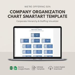 May include: A laptop displays a company organization chart SmartArt template. The screen shows a corporate hierarchy with blue boxes and text. The image includes the text "WE'RE OFFERING 50%" and icons for Excel, Google Sheets, and instant download.