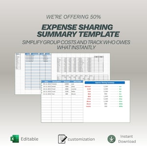 Feuille de calcul sur le partage des dépenses | Séparateur de factures de voyage de groupe et outil de suivi partagé | Calculatrice de colocation | Modèle Excel