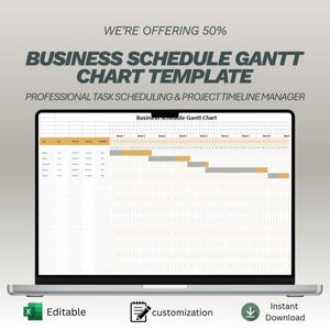Puede incluir: Un portátil muestra una plantilla de diagrama de Gantt de programación empresarial. La pantalla muestra una línea de tiempo del proyecto con programación de tareas. El texto en la pantalla incluye "Business Schedule Gantt Chart". El texto adicional dice "WE'RE OFFERING 50%" y "BUSINESS SCHEDULE GANTT CHART TEMPLATE".
