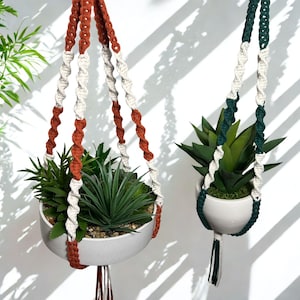 May include: Two macrame plant hangers with white ceramic pots. One hanger is rust and cream colored, the other is dark green and cream. Each holds a green plant. The hangers are suspended against a white wall.