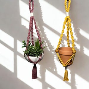 May include: Two macrame plant hangers. One is a deep rose color with a silver pot holding greenery, and the other is yellow with a terracotta pot. Both have tassels and are suspended from black hooks against a white wall.