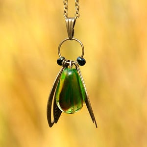 Handmade Lightning Bug Vaseline Glass Necklace, Glow In The Dark Boho Bronze Insect Jewelry