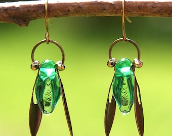 Handmade Green Lacewing Insect Earrings, Emerald Lampwork Glass Bead Bug, Lightweight Dangle