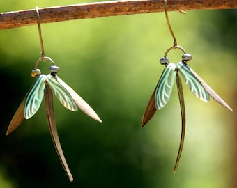 Teal Blue Dragonfly Dangle Earrings, Etched Czech Glass, Handmade Bronze Insect Jewelry