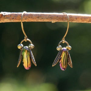 May include: A pair of brass-toned earrings featuring iridescent beetle-shaped pendants. The earrings have a hook closure and small bead accents. The beetle bodies display a blend of green, gold, and purple hues, with detailed wing designs.