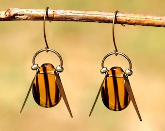 Striped Topaz Beetle Earrings, Whimsical Bug Dangle, Handmade Bronze Insect Jewelry