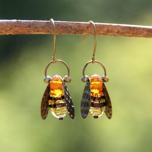Bumblebee Earrings, Yellow & Black Lampwork Glass Abstract Insect Jewelry, Lightweight Drop Earrings, Handmade Bronze Boho Nature Dangle