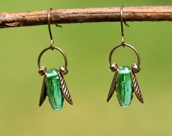 Small Green Bug Earrings, Czech Glass & Bronze Hippie Insect Dangles