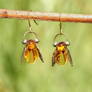 Small Honey Bee Dangle Earrings, Amber Lampwork Glass, Bronze Insect Jewelry, Honeybee Dangle