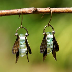Green Glass Bumblebee Earrings, Handmade Bug Ear Rings, Abstract Lampwork Bead Insect Jewelry, Lightweight Dangle Bee Earrings