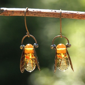 Honey Bee Earrings, Golden Amber Lampwork Glass Beads, Abstract Insect Jewelry, Lightweight Dangle Earrings, Handmade Bronze Honeybee