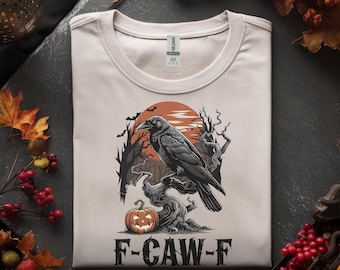 Grappig zwart raaf Halloween-shirt, grafische F-Caw-F Crow Top met Jack-o-Lantern, Gothic ongepast cadeau-T-shirt, uniseks softstyleT-shirt