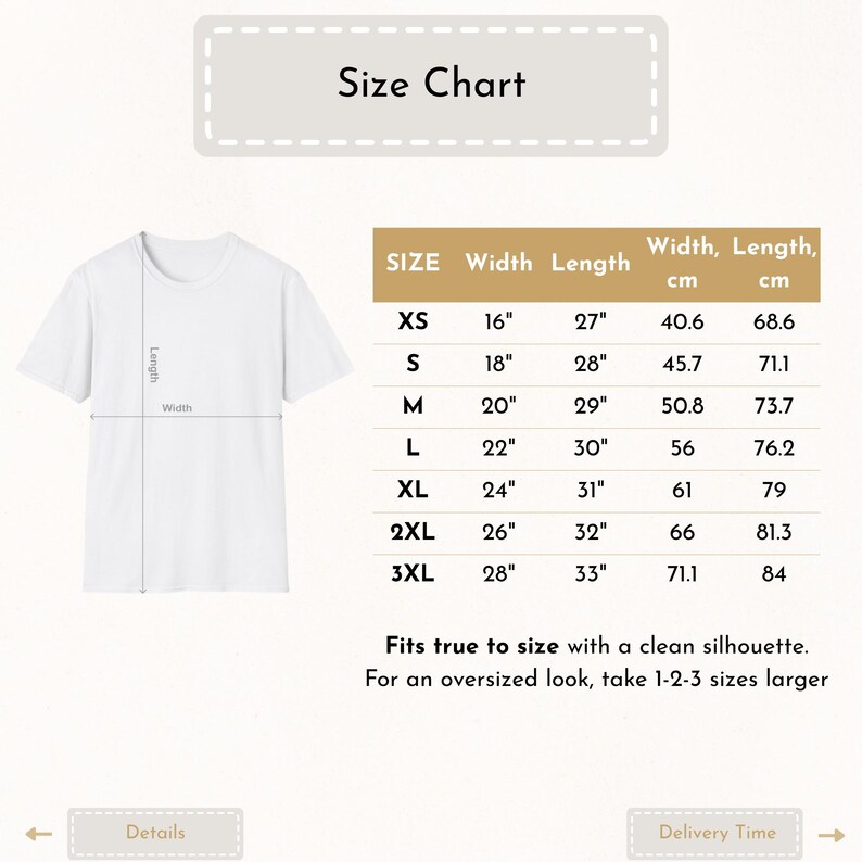 Op de afbeelding: Een wit t-shirt met een maattabel, inclusief afmetingen in inches en centimeters. De tabel geeft de maten XS tot en met 3XL weer, met breedte- en lengtematen. De tekst "Fits true to size with a clean silhouette" is ook opgenomen.