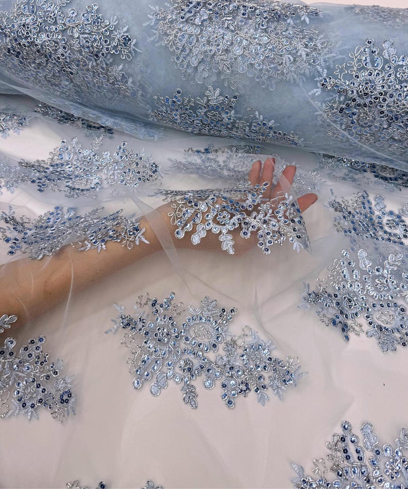 Light Blue Floral Lace by the Yard, Embroidered Baby Blue Lace Fabric ...