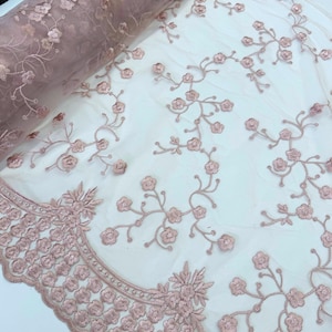 Blush Pink Embroidered Floral Lace Fabric, Floral Embroidery on Mesh Blush Lace Fabric by the Yard, Scalloped Bridal Lace for Wedding Dress