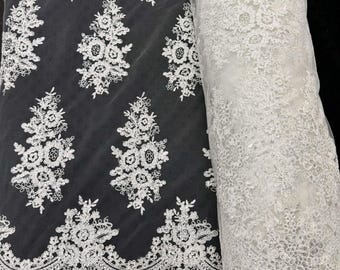 Ivory Floral Lace by the Yard, Embroidered Ivory Lace Fabric with Sequins, Floral Tulle OFF White Lace for Bridal Gown Wedding Dress Veil