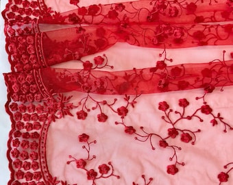 Red Embroidered Floral Lace Fabric, Floral Embroidery on Mesh Red Lace Fabric by the Yard, Scalloped Bridal Lace for Wedding Dress, Veil