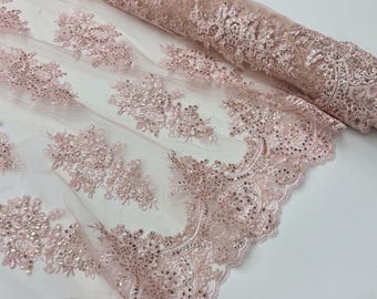 Blush Floral Lace by the Yard, Embroidered Blush Pink Lace Fabric with Sequins, Bridal Blush Lace Embroidery with Sequins
