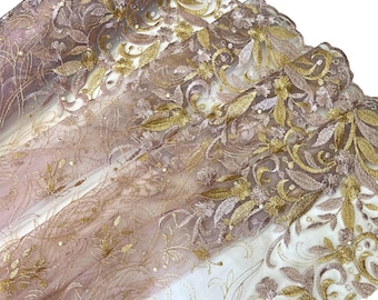Dusty Rose Gold Floral Embroidery with Pearls on Mesh Lace Fabric by the Yard, Scalloped Embroidered Dusty Rose Gold Lace for Gowns