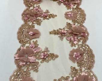 Dusty Rose Beaded Lace with Pearls and Crystals, 3D Embroidered Lace Fabric, Trim Lace Rose Gold 22" Wide Embroidered Beaded Table Runner