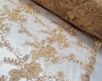 Gold Embroidered Lace Fabric, Gold Lace Fabric, Gold Floral Lace with Sequins on Mesh Lace Fabric by the Yard, Gold Double Scalloped Lace